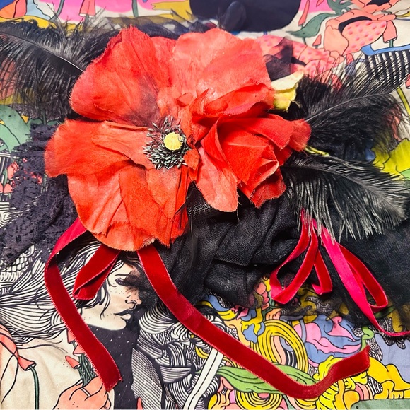 VINTAGE Handmade Runway SILK ORGANDY RED POPPY Feathers PIN HUGE 1940'S WOW! - Picture 10 of 10